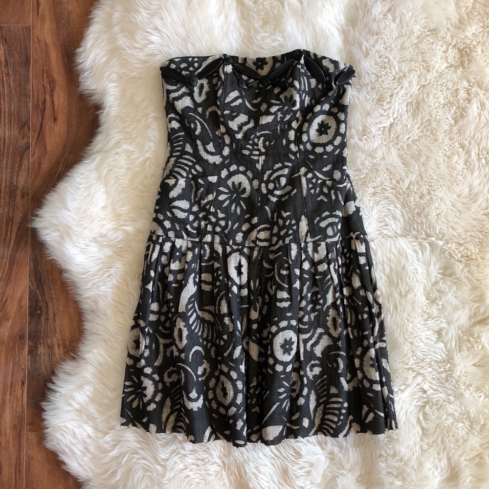 DVF Tam Tam Floral Strapless Linen Silk Dress 6 Beaded Structured Bust